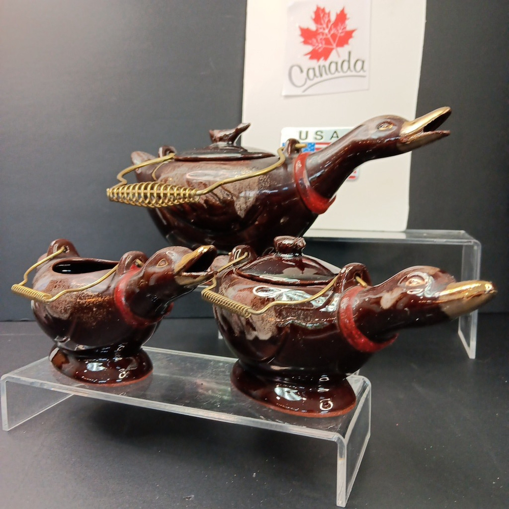 Vintage Japanese Teapot Set With 2 Lids Ducks Geese Birds Metal Handles Redware